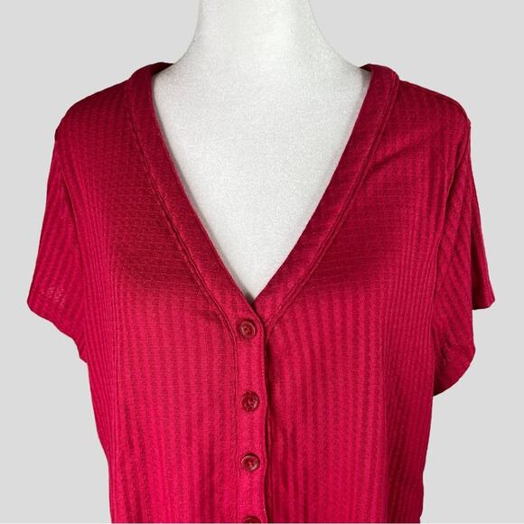 NWT Aventura Button Tie Front Waffle Knit Top Size L Ayla V-Neck Red Bud - Picture 5 of 11